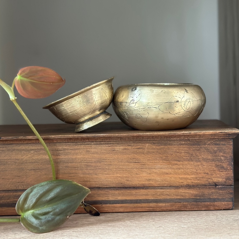 Vintage Brass Ashtray Trinket Dish Etched Floral Design Nesting Bowls Jewelry